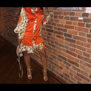 Silky Orange Flowy Flounce Dress w/ pattern sz XS